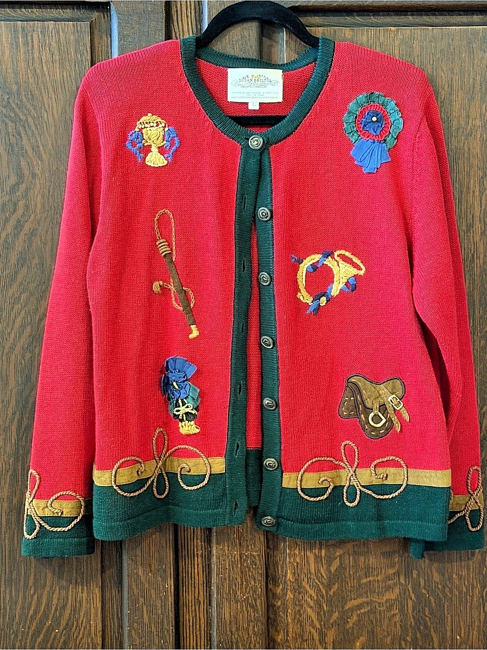 Vintage Susan Bristol New Traditions Embroidered Cardigan in Red & Green Size La